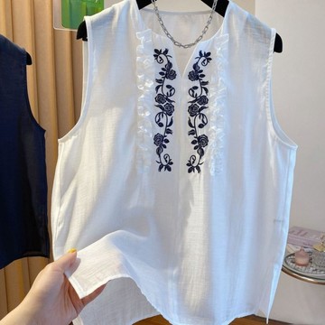 高級感亂格麻棉麻無袖上衣女 夏季新款刺繡背心襯衫女  夏季背心 無袖背心女 6Y