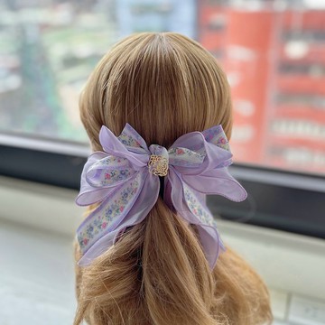 歐根紗蝴蝶結相交夾香蕉夾仙女夾髮夾-淺紫色