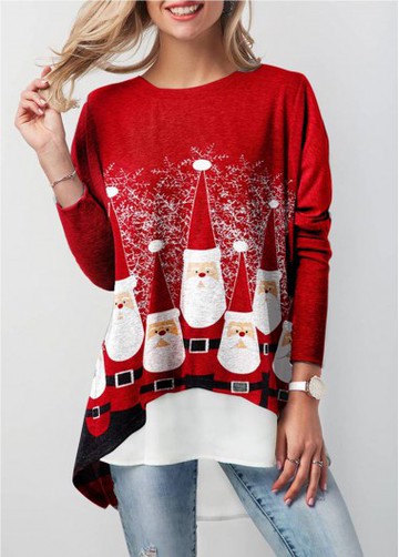 Christmas Asymmetric Hem Faux Two Piece T Shirt