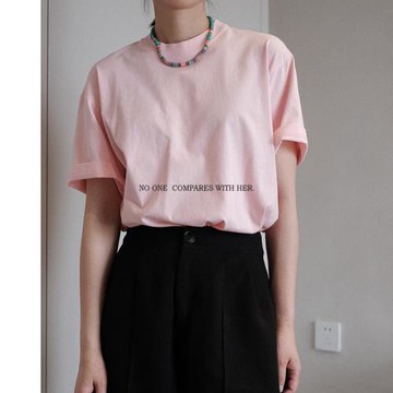 與她原創設計 經典夏季短袖街頭圓領中性寬松純棉粉色女士t恤上衣