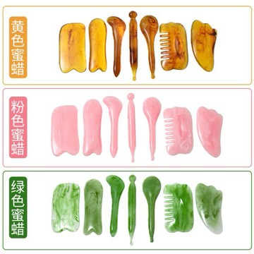FY.蜜蠟樹脂刮痧板超值7件套裝組合(小臉刮.點穴筆.撥筋棒.刮痧梳.方形刮板.魚形刮板.三角板)