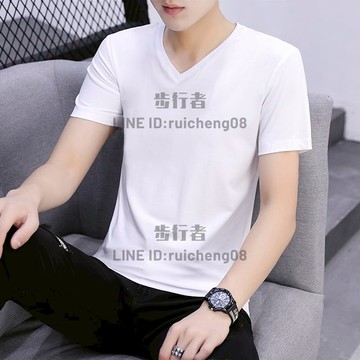 男士短袖t恤潮流夏季上衣服V領純色純棉白體桖打底衫長袖潮牌男裝【步行者戶外生活館】