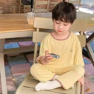 柔软透气~男童七分袖家居服套裝夏季薄款透氣寬鬆睡衣中小童可愛空調服 兒童家居服可外穿 夏天睡衣 韓版空調服 中小童套裝