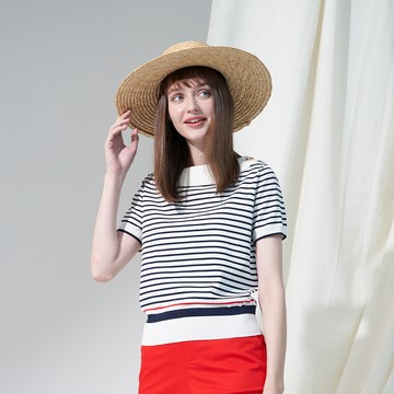 CLL巧玲瓏 船型領釦飾橫條紋針織上衣(白色) 7298102