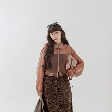 側抽繩綁帶設計透膚短版襯衫 三色售