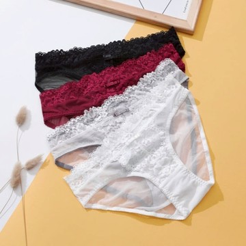 「MOJITO」柔和光線‧法式性感薄透蝴蝶結刺繡蕾絲低腰三角褲(4色選) M-L