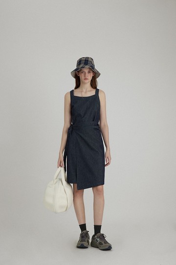 北歐復古 圍裹式活性染 牛仔背心連身裙