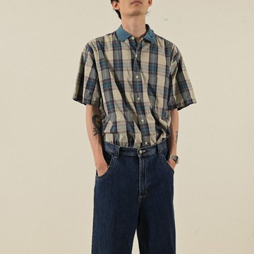 【NaSuBi Vintage】經典輪廓格紋短袖古著襯衫