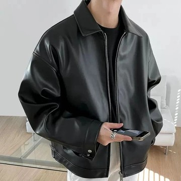 【Comoon】素面黑魂 皮外套 皮衣 穿搭 皮衣外套 落肩 寬鬆 皮革 外套 騎士 情侶 夜店