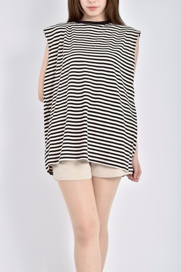 (XL) 條紋後開衩白色短袖上衣