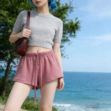 【台灣出貨】韓國東大門夏季新款抽繩鬆緊腰百搭條紋休閒短褲女顯瘦運動褲短褲女大碼短褲休閒短褲五分褲女