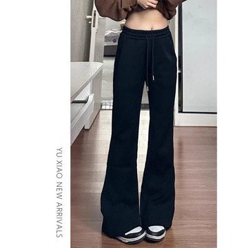 黑色休閑微喇褲女夏季新款大碼顯瘦胖mm彈力梨形身材運動喇叭衛褲