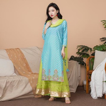 印度女裝民族風套裝含上衣裙子圍巾純棉薄春夏新品旁遮比藍色