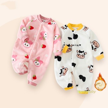✨超保暖內刷毛✨ 6~36月 嬰兒春秋長袖法蘭絨包屁衣 寶寶純棉哈衣睡衣連身衣 女童冬季打底柔軟連身衣爬服