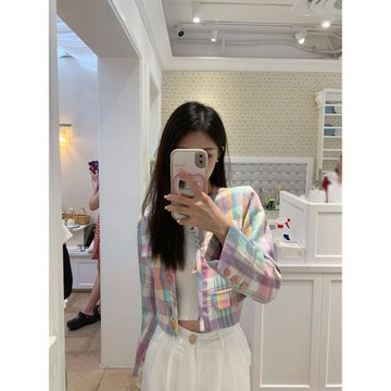 Juicecola 馬卡龍彩虹小香風外套女春秋裝新款氧氣感格子短款上衣