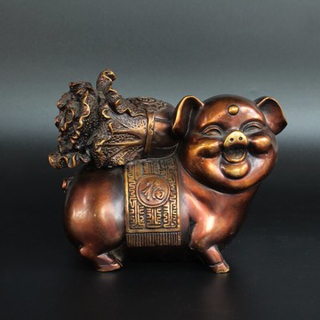 純銅招財豬白菜豬豬背白菜銅風水銅器復古色招財家居辦公室擺件