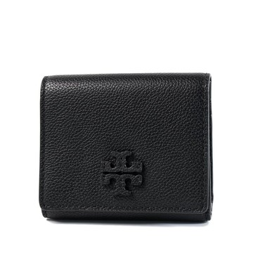 TORY BURCH THEA 皮革標鵝卵石紋釦式三折短夾-黑色