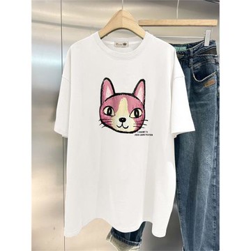 2025新款春夏季韓版字母可愛貓咪白色寬松中長款短袖t恤女ins潮牌