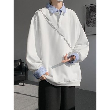 日系假兩件拼接衛衣男秋季cityboy潮牌痞帥寬松重磅襯衫領上衣男