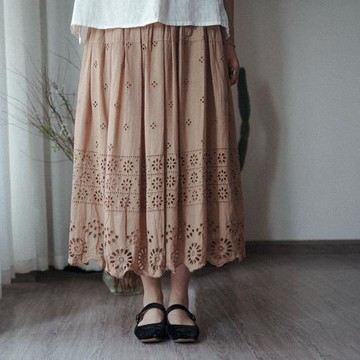 唯美鏤空通花刺繡 親膚純棉有里襯雙口袋半身裙