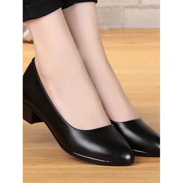 真軟皮無痛工作鞋女黑色單鞋正裝皮鞋女矮跟舒適防滑職業中跟女鞋