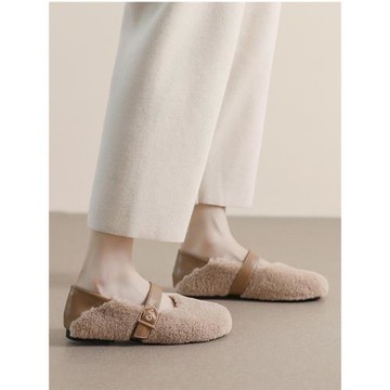 可兩穿韓版網紅學院秋冬外穿溫柔仙女毛毛鞋加絨平底豆豆鞋大碼女