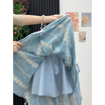韓系甜美蕾絲拼接串珠刺繡背心女夏日海邊度假不規則寬松裙擺上衣