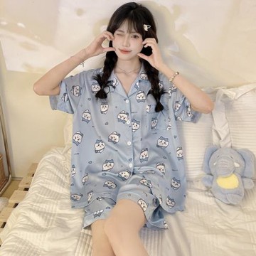 日系吉伊卡哇情侶睡衣女夏季短袖冰雪絲可愛小八男士家居服可外穿