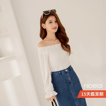 niceioi【特惠】一字領上衣 短袖 雪紡上衣 白色 荷葉邊 [甜辣荷葉邊抓皺雪紡上衣] 女裝