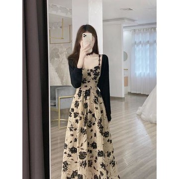 2025新款法式高級感長裙小個子黑色碎花吊帶連衣裙兩件套裝女夏