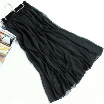 100桑蠶絲黑色半身裙真絲長裙高腰裙沙灘裙雙層 飄逸2025