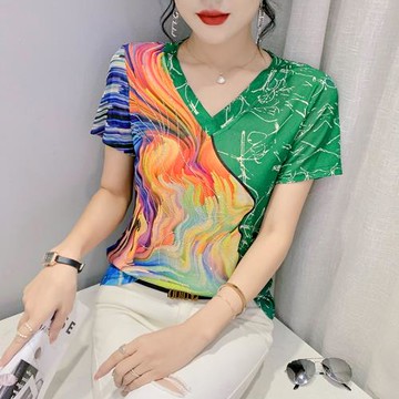 歐洲站2024夏裝新款時尚印花V領T恤短袖燙鉆洋氣上衣修身顯瘦小衫