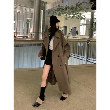 小熊說拜拜 冬季廓形高級感毛呢外套女過膝中長款英倫風呢子大衣