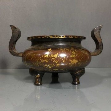 老件紫銅灑金宣德款高13.5*23.5*12公分3.6公斤如意喬耳香爐擺件