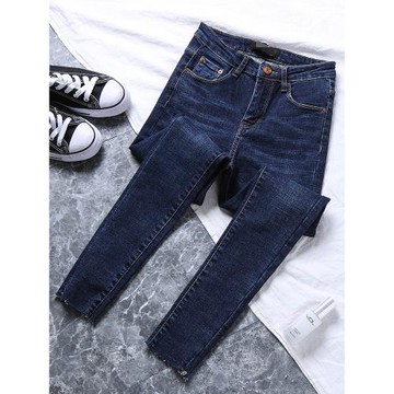 深藍色小腳牛仔褲女春緊身九分2025新款春秋季加絨邊顯瘦修身高腰