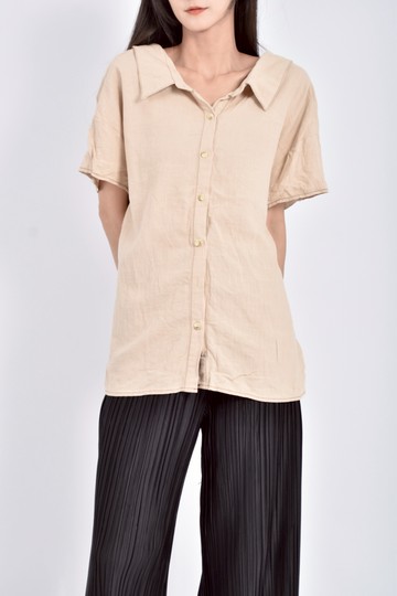 (M) 質感寬領杏色短袖上衣