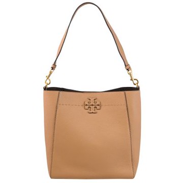 TORY BURCH 品牌LOGO荔枝皮革肩背包/水桶包(淺咖)