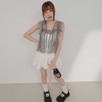 綁帶網紗荷葉背心-灰【KT224588】