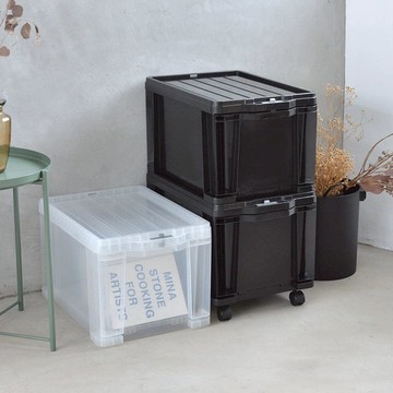 日製安全鎖扣式抽屜收納箱(附輪&隔片)-27L-3入-2色可選 黑