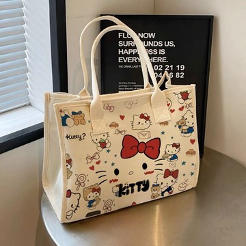 💕 高顏值卡通Kitty單肩包 KT貓 帆布包 單肩包 百搭大容量學生帆布包 通勤托特外出女書包 托特包 背心包 手提袋