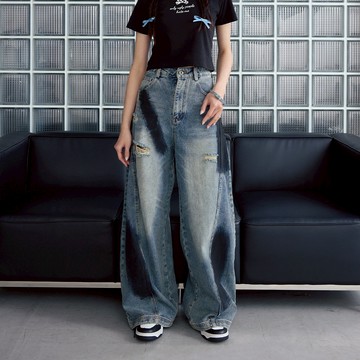 LALLO-色塊刷破拖地牛仔長褲-藍色