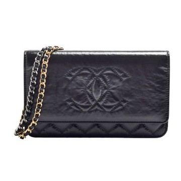 CHANEL 經典雙C LOGO漆皮金銀鍊翻蓋暗扣WOC/斜背包(黑色)