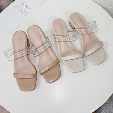 自制透明一字帶涼鞋女小個子高跟鞋不累腳外穿拖鞋裸色粗跟涼拖鞋