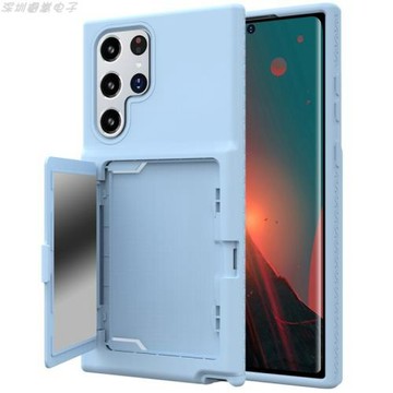 適用三星s22Plus插卡化妝鏡透色閃粉手機殼s22Ultra磨砂硅膠全包