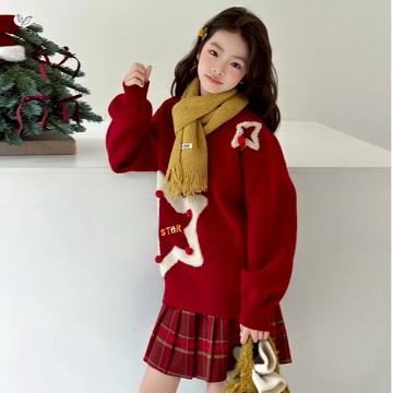 【中大女童/親子裝】星星針織上衣+百褶裙新年服/套裝