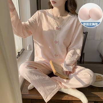 雲朵棉睡衣女 帶胸墊 春秋季新款韓版甜美ins風寬鬆長袖長褲家居服套裝 兩件式睡衣 免穿內衣 可外穿睡衣 休閒居家服
