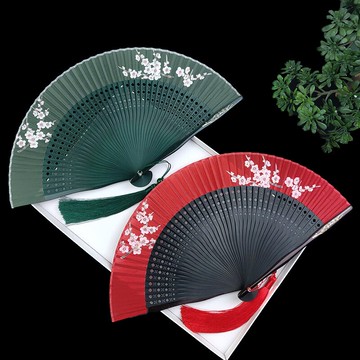 中國風扇子折扇女式便攜古風漢服梅花鏤空工藝古典旗袍絹扇舞蹈扇