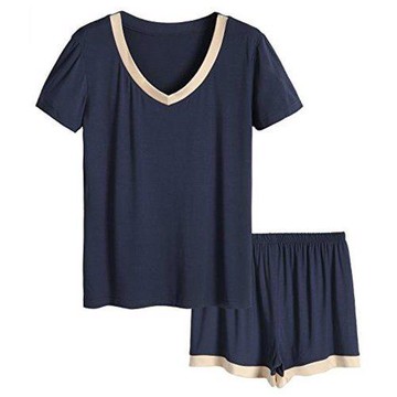Love21 女大尺碼柔軟寬鬆深藍色V領短睡衣褲套組(預購)