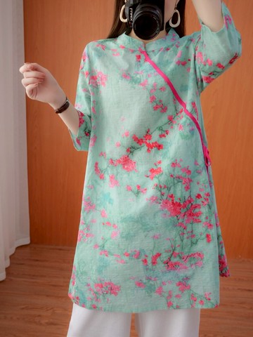 夏季新款中式立領系帶文藝大碼上衣印花中長款棉麻寸衫女