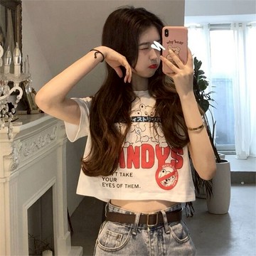 ins超火甜酷款短款高腰露臍正肩短袖t恤女夏裝辣妹穿搭上衣潮